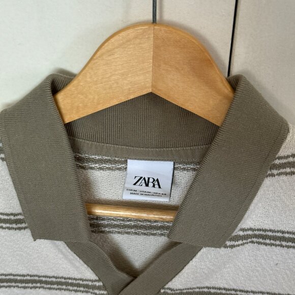 Zara Polo Shirt with Sage Green Stripes, White - Picture 3 of 3